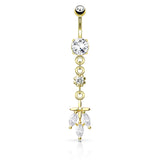 Triple CZ Dangling CZ Leaf Surgical Steel Navel Belly Button Ring