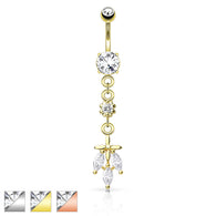 Triple CZ Dangling CZ Leaf Surgical Steel Navel Belly Button Ring