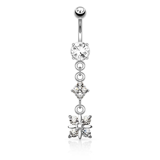CZ Paved W/ 4 Quadrant CZ Drop Dangle Navel Belly Button Ring