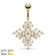 Princess Cut CZ Diamond Cross 14K Gold Plated Navel Belly Button Ring