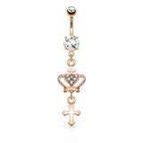 Heart CZ Crown with Cross Dangle Navel Belly Button Ring