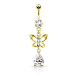 Clear CZ Paved Butterfly and Tear Drop Cut CZ Navel Belly Button Ring