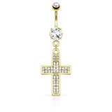 CZ Paved Cross Dangle Navel Belly Button Ring