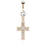 CZ Paved Cross Dangle Navel Belly Button Ring
