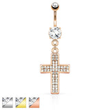 CZ Paved Cross Dangle Navel Belly Button Ring