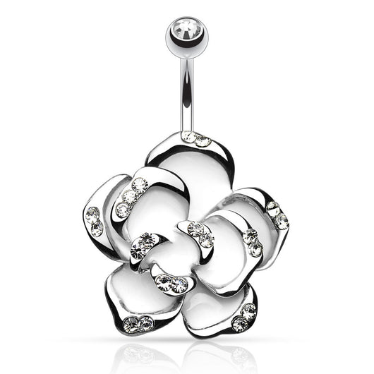 White Flower with Gem Petals Surgical Steel Navel Belly Button Ring
