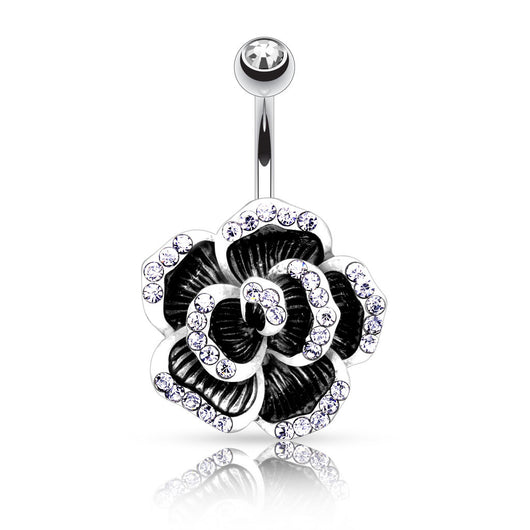 Rose Petal with Gem Paved Edge Navel Belly Button Ring