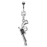 Gun Dangle Clear CZ Top Surgical Steel Navel Belly Button Ring