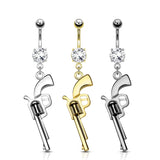 Gun Dangle Clear CZ Top Surgical Steel Navel Belly Button Ring
