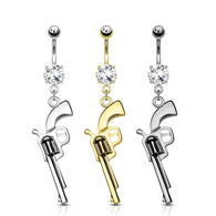 Gun Dangle Clear CZ Top Surgical Steel Navel Belly Button Ring