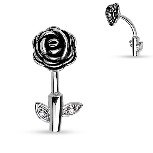 Gold CZ Rose Stem 316L Surgical Steel  Surgical Steel Navel Belly Button Ring