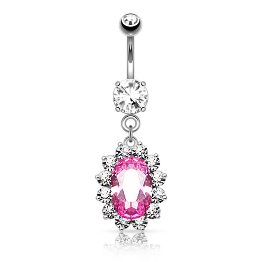 Pink CZ Dangle Navel Belly Button Ring