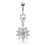 Flower w/ Prong Set CZ Shard Petals Dangle Navel Belly Button Ring