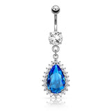 Blue Tear Drop CZ Dangle Navel Belly Button Ring