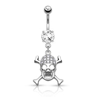 CZ Skull Cross Bones Dangle Surgical Steel Belly Button Navel Rings