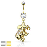 CZ Paved Elephant Dangle 316L Surgical Steel Belly Button Navel Rings