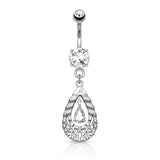 Tear Drop CZ Filigree Dangle Surgical Steel Belly Button Navel Rings