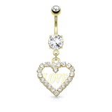 CZ Hollow Heart Love Dangle Surgical Steel Belly Button Navel Rings