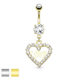 CZ Hollow Heart Love Dangle Surgical Steel Belly Button Navel Rings