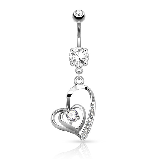 CZ Double Heart Dangle Surgical Steel Belly Button Navel Rings