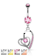 CZ Double Heart Dangle Surgical Steel Belly Button Navel Rings