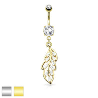Princess Cut CZ Leaf Dangle Surgical Steel Belly Button Navel Rings