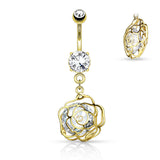 CZ Camellia Flower Dangle Surgical Steel Belly Button Navel Rings