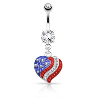 Crystal Paved American Flag Heart Dangle Belly Button Navel Rings