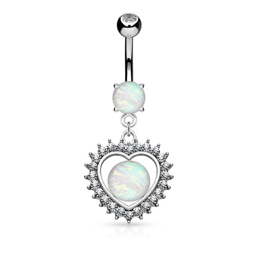 Opal Crystal Heart Dangle Surgical Steel Belly Button Navel Rings
