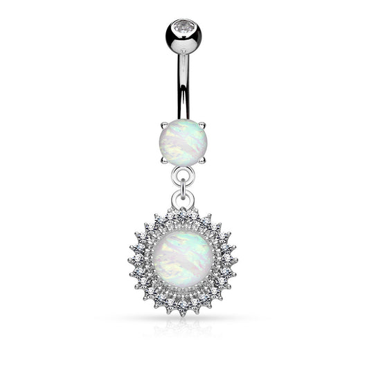 Opal Glitter CZ Shield Dangle Surgical Steel Belly Button Navel Rings