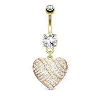 14K Gold Plated Micro CZ Paved Heart Shape Dangle Belly Button Navel Rings