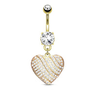 Gold Plated Micro CZ Paved Heart Shape Dangle Belly Button Navel Rings