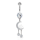 CZ Paved Moon & Star CZ Dangle Navel Belly Button Rings