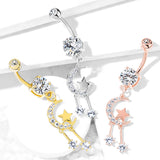 CZ Paved Moon & Star CZ Dangle Navel Belly Button Rings