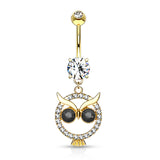 Paved Owl CZ With Black CZ Eye Dangle Navel Belly Button Ring