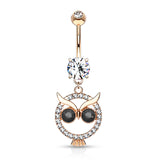 Paved Owl CZ With Black CZ Eye Dangle Navel Belly Button Ring