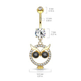Paved Owl CZ With Black CZ Eye Dangle Navel Belly Button Ring