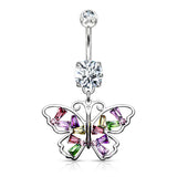 Butterfly With Multi Colored Baguette CZ Wing Dangle Navel Belly Button Ring