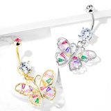 Butterfly With Multi Colored Baguette CZ Wing Dangle Navel Belly Button Ring