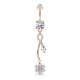 CZ Flower With Marquise CZ Leaf Dangle 14kt Gold Plated Navel Belly Button Ring