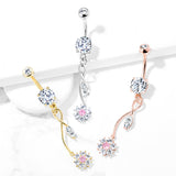 CZ Flower With Marquise CZ Leaf Dangle 14kt Gold Plated Navel Belly Button Ring