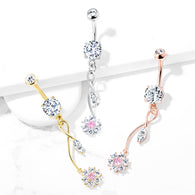 CZ Flower With Marquise CZ Leaf Dangle 14kt Gold Plated Navel Belly Button Ring