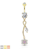 CZ Flower With Marquise CZ Leaf Dangle 14kt Gold Plated Navel Belly Button Ring