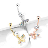 Bee AB CZ Paved Wings Dangle Double Jeweled Navel Belly Button Ring