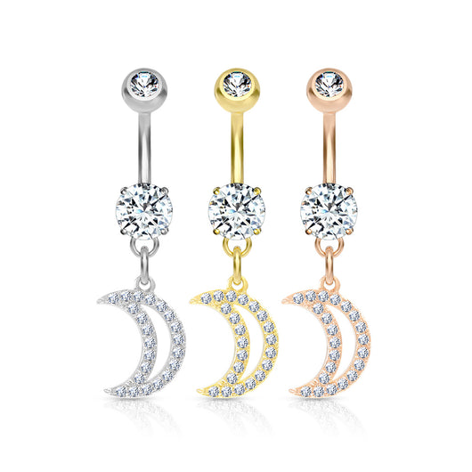 Multi CZ Paved Crescent Dangle Belly Button Navel Rings