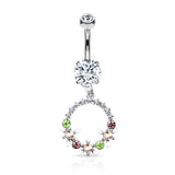 AB Crystal Flower And Colored Gem Set Circle Dangle Navel Belly Button Ring