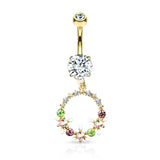 AB Crystal Flower And Colored Gem Set Circle Dangle Navel Belly Button Ring
