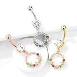 AB Crystal Flower And Colored Gem Set Circle Dangle Navel Belly Button Ring