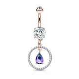 Rose Gold CZ Paved Circle With Pear Shaped 2 Tone Stone Dangle Belly Button Navel Rings
