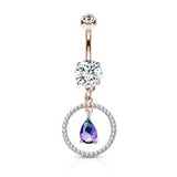 Rose Gold CZ Paved Circle With Pear Shaped 2 Tone Stone Dangle Belly Button Navel Rings